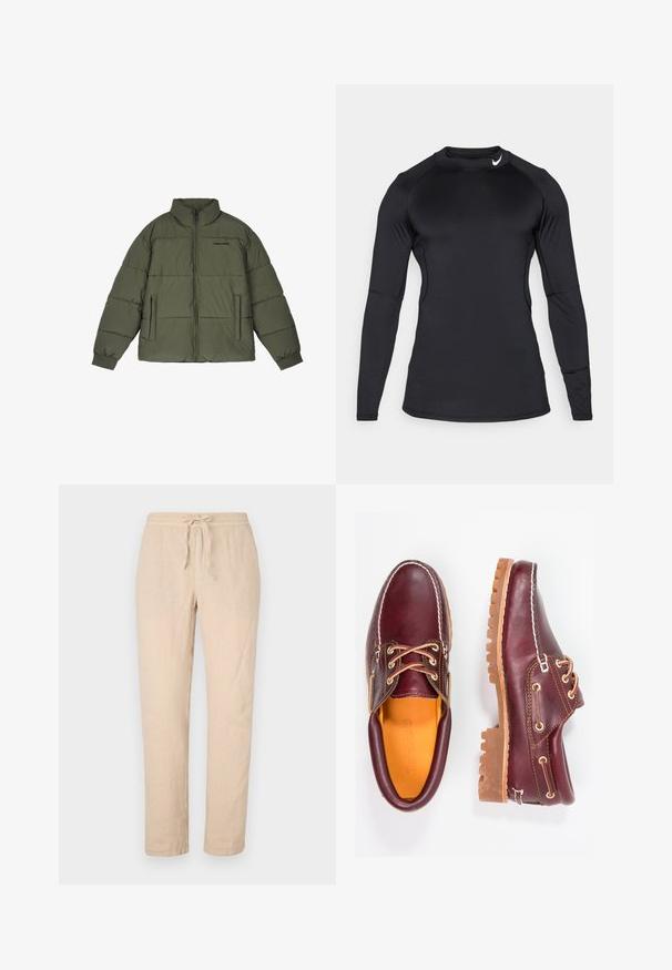 Olijf groene pufferjack met een hoge kraag, voorzijde rits en twee zijzakken. Heeft gestikte panelen en ribbelmanchetten voor extra warmte.; Zwart sportshirt met lange mouwen, gemaakt van gladde, rekbare stof met een ronde halslijn en een discreet logo op de bovenste linkerkant.; Beige linnen broek met een tailleband met trekkoord, rechte pijpen en een zachte, textuurafwerking. Beschikt over twee zijzakken en een minimale stikselafwerking.; Bordeaux leren schoenen met bruine rubberen zolen, ronde neus, witte stiksels en gouden veterogen. Het interieur heeft een gele voering.