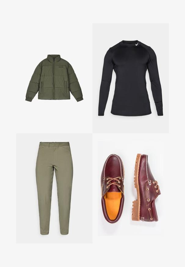 Jachetă pufoasă de culoare verde măslinie, cu guler înalt, fermoar frontal și două buzunare laterale. Prezintă panouri cusute și manșete cu nervuri pentru căldură.; Cămașă sport neagră cu mâneci lungi, realizată dintr-un material neted și elastic, cu guler rotund și un logo discret în colțul din stânga sus.; Pantaloni de culoare verde măsliniu deschis, cu o textură netedă, croi conic, cu bucle pentru curea și un singur nasture la talie.; Pantofi din piele burgundă cu talpă din cauciuc brun, vârf rotund, cusături albe și gauri aurii pentru șireturi. Interiorul are un căptușeală galbenă.