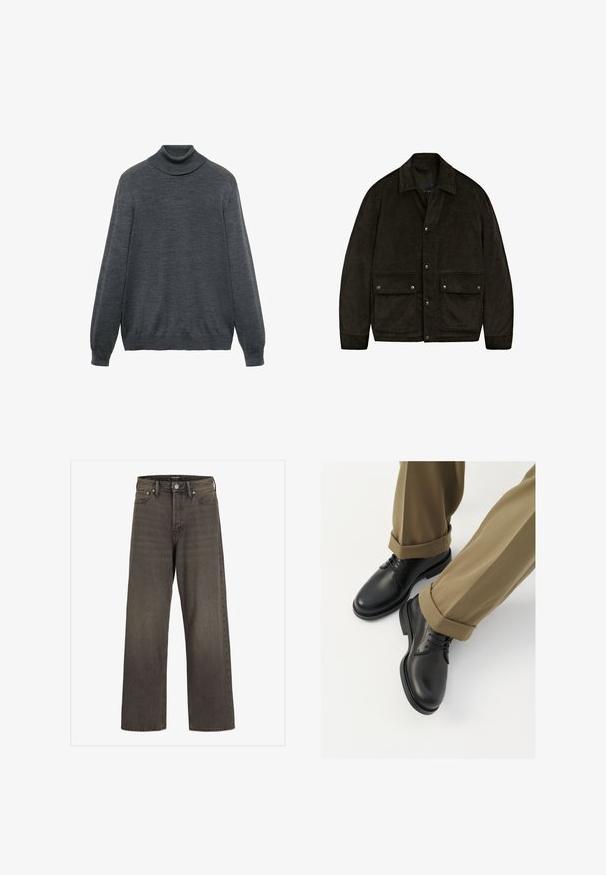 Mörkbrun kordjacka med krage, tryckknappar och två framfickor. Har en mjuk textur och en enkel, strukturerad design.; Kolsvart polotröja i mjukt material, med långa ärmar, en figursydd krage och rak nederkant. Slät textur överallt.; Breda jeans i mörkgrå denim, med hög midja, klassisk femficksdesign och kontrasterande sömmar längs sömmarna.; Svarta läderdressskor med en slät yta, med snören och rund tå, kombinerat med uppvikt khakibyxor.