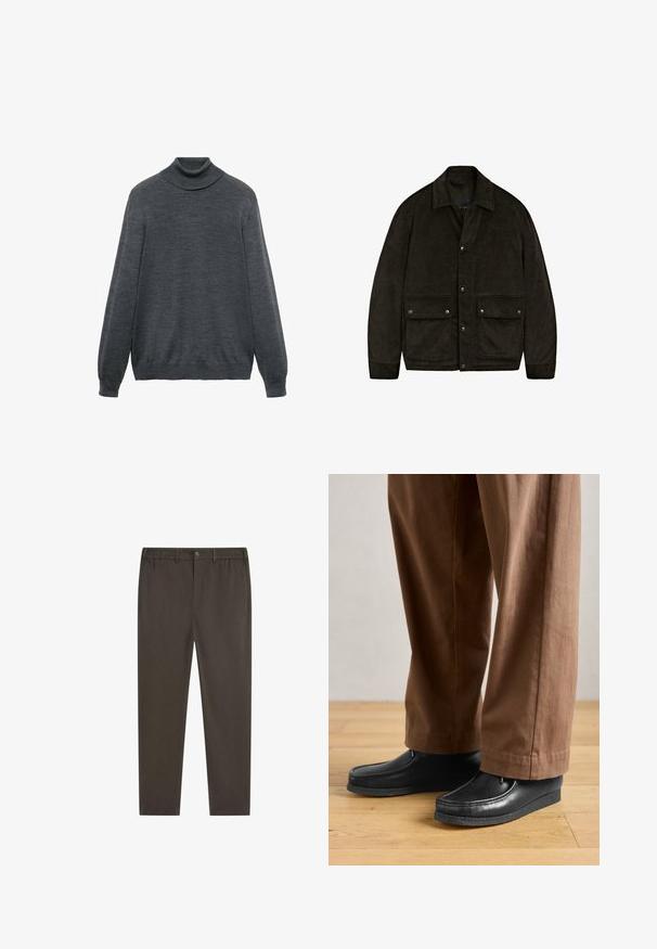 Dunkelbraune Cordjacke mit Kragen, Druckknöpfen und zwei Fronttaschen. Sie besitzt eine weiche Textur und ein einfaches, strukturiertes Design.; Kohlgrauer Rollkragenpullover aus weichem Material, mit langen Ärmeln, einem taillierten Kragen und einem geraden Saum. Glatte Textur über das gesamte Kleidungsstück.; Dunkelbraune Hose mit geradem Bein, elastischem Bund, vorderem Knopfverschluss und Seitentaschen. Glatte Stofftextur.; Schwarze Lederschuhe im Mokassinstil mit genähten Details, kombiniert mit braunen Hosen, auf einem Holzboden.