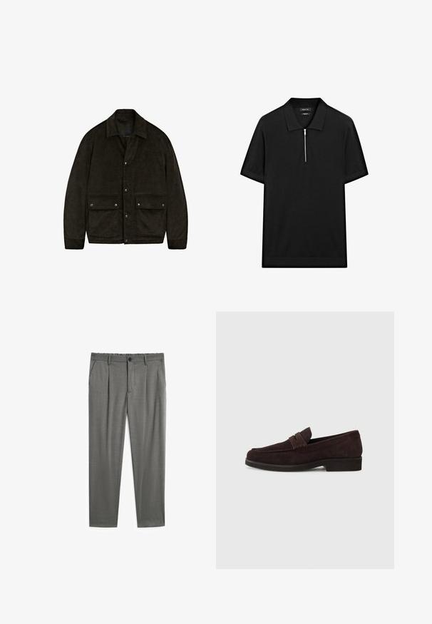 Donkerbruine corduroyjas met een kraag, drukknoopsluitingen en twee zakken aan de voorkant. Heeft een zachte textuur en een eenvoudig, gestructureerd ontwerp.; Zwarte polo met korte mouwen, een staande kraag en een rits aan de voorkant. Gemaakt van een gladde stof met een schoon, minimalistisch ontwerp.; Grijze broek met een gladde textuur, voorzien van een knoopsluiting, elastische tailleband en twee zijzakken. Op maat gemaakte ontwerp met plooien.; Bruine suède loafers met een lage profiel en ronde neus. Heeft een decoratieve band over de bovenkant, een platte rubberen zool en geen zichtbare stiksels.