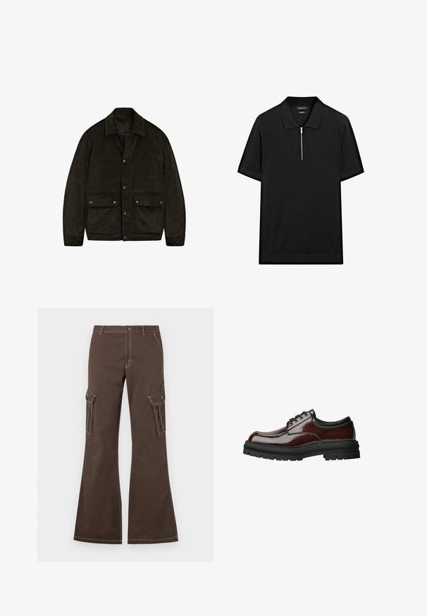 Dark brown corduroy jacket with a collar, snap buttons, and two front pockets. Features a soft texture and a simple, structured design.; Black short-sleeve polo shirt with a stand collar and a front zipper. Made of a smooth fabric with a clean, minimalist design.; Brown cargo pants with flared legs, featuring side pockets, white stitching accents, and a metal button closure.; Dark brown polished leather lace-up shoe with thick black rubber sole and padded black collar, side view on white background.
