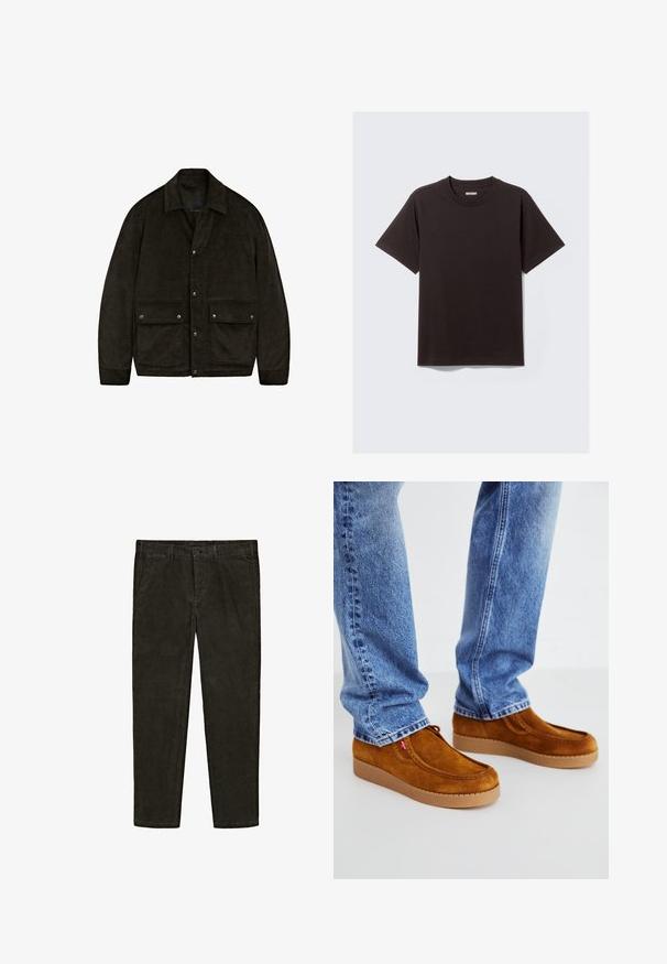 Ciemnobrązowa kurtka z korduroy z kołnierzem, zatrzaskami i dwiema przednimi kieszeniami. Charakteryzuje się miękką fakturą i prostym, zorganizowanym designem.; Jednolity czarny t-shirt z krótkim rękawem, wykonany z bawełny, z okrągłym dekoltem i małą metką "WEEKDAY" na wewnętrznej stronie kołnierza z tyłu.; Ciemnozielone spodnie kordowe o dopasowanym kroju, z dwoma bocznymi kieszeniami i zapinane na guzik z przodu. Miękka tekstura i prosty krój nogawki.; Brązowe zamszowe buty wsuwane z zaokrąglonym noskiem, teksturowanym wierzchem i grubą beżową gumową podeszwą, noszone z niebieskimi dżinsami.
