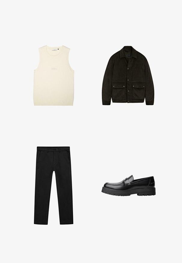Tmavě hnědá kordurová bunda s límcem, patentkami a dvěma předními kapsami. Vyznačuje se měkkou texturou a jednoduchým, strukturovaným designem.; Krémový bezrukávový top vyrobený z jemně strukturovaného materiálu, s kulatým výstřihem a decentním vyšitým logem na přední straně.; Černé bavlněné kalhoty s rovnými nohavicemi, předními kapsami a klasickým zapínáním na knoflík se zipem. Hladká textura, střih na míru.; Černé kožené mokasíny s masivní podrážkou a dekoračním páskem přes horní část, zobrazené v levém bočním profilu na bílém pozadí.