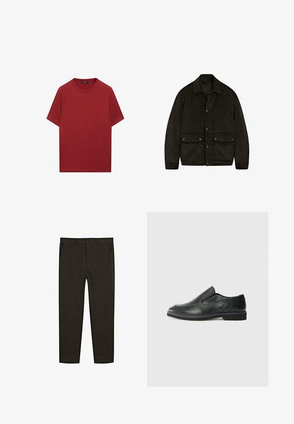 Tmavě hnědá kordurová bunda s límcem, patentkami a dvěma předními kapsami. Vyznačuje se měkkou texturou a jednoduchým, strukturovaným designem.; Červené bavlněné tričko s krátkými rukávy, kulatým výstřihem a hladkou texturou. Jednoduchý design bez viditelných vzorů nebo akcentů.; Tmavě hnědé kalhoty z tkané látky s rovnými nohavicemi, předními kapsami a knoflíkovým zapínáním v pase. Hladká textura.; Černá kožená nazouvací bota s hladkým svrškem, prošívanými detaily, zaoblenou špičkou a nízkým gumovým podpatkem. Podešev má minimální vzorek.