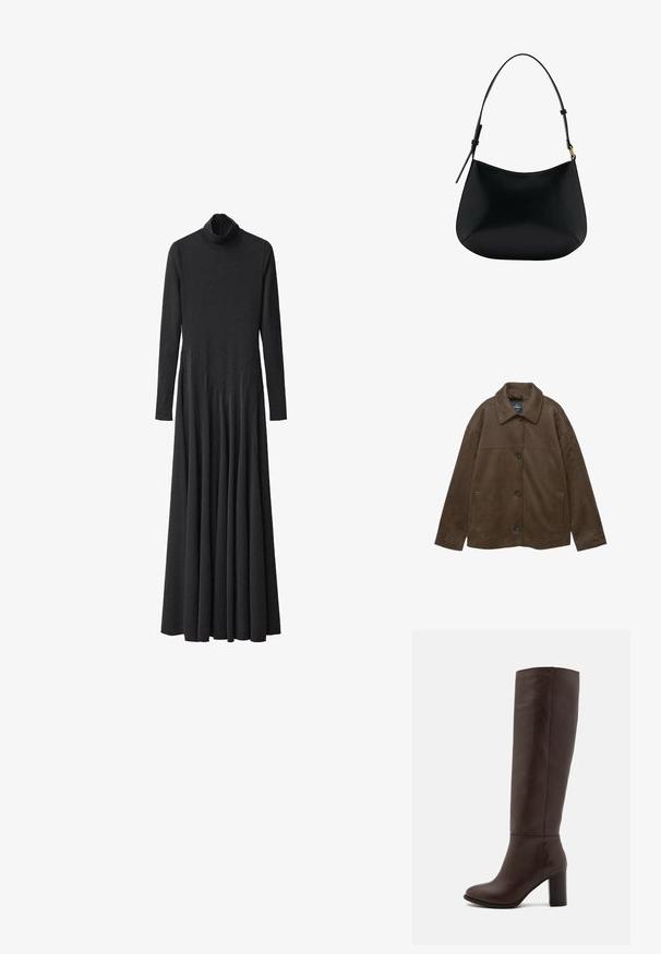 Brun ruskindjakke med krave, knaplukning og sidelommer. Har en glat tekstur og et enkelt, moderne design.; Sort langærmet kjole med høj krave, lavet af glat stof, med en udvidet nederdel og plisserede detaljer fra taljen og ned.; Brun læderknæhøj støvle med en blokhæl, glat tekstur, rund tå og minimale syninger.; Sort læder skuldertaske med en glat tekstur, buet form og justerbar hank. Har minimal syning og et enkelt design.