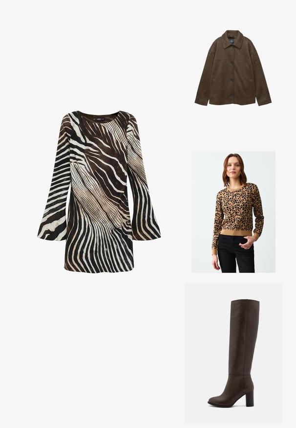 Bruine suède jas met kraag, knoopsluiting en zijzakken. Heeft een gladde textuur en een eenvoudig, modern ontwerp.; Tijgerprint trui in tan met zwarte vlekken, geribde manchetten en onderrand. Stof lijkt gebreid, aansluitend ontwerp met ronde hals.; Jurk met lange mouwen in bruin en crème met een zebrapatroon. Zacht textiel, uitlopende mouwen en een ronde halslijn.; Bruine leren kniehoog laars met een blokhak, gladde textuur, ronde neus en minimale stikseldetails.; Zwarte leren schoudertas met een gladde textuur, gebogen vorm en verstelbare hengel. Heeft minimale stiksels en een eenvoudig ontwerp.