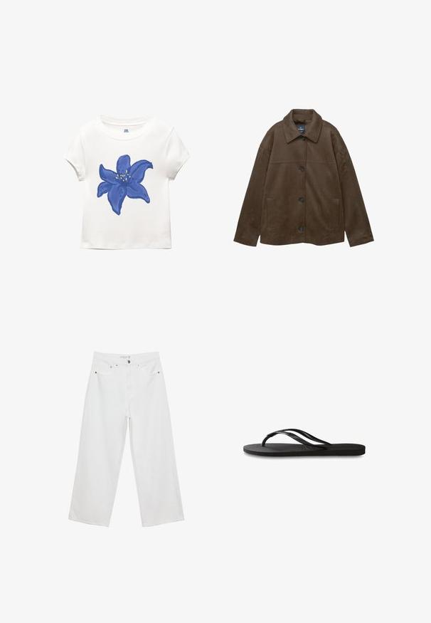 Braune Wildlederjacke mit einem Kragen, Knopfverschluss und seitlichen Taschen. Hat eine glatte Textur und ein einfaches, modernes Design.; Weißes Baumwoll-T-Shirt mit einem großen blauen Blumenmotiv und gelben Akzenten, rundem Halsausschnitt und kurzen Ärmeln.; Weiße Jeans im weit geschnittenen Design aus Denim mit hoher Taille, ausgestattet mit fünf Taschen und Metallbeschlägen. Glatte Textur, keine sichtbaren Muster.; Schwarze Flip-Flops mit einer strukturierten Gummisohle, zwei schlanken Riemen und einem dezenten, geprägten Logo-Detail auf dem Riemen.
