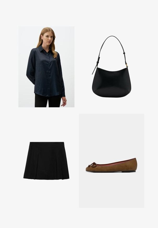 Bruine suède jas met kraag, knoopsluiting en zijzakken. Heeft een gladde textuur en een eenvoudig, modern ontwerp.; Donkerblauwe satijnen blouse met een diamantpatroon, puntige kraag en knoopsluiting aan de voorkant. Lange mouwen met een relaxte pasvorm.; Zwarte geplooide mini-rok van een gladde, gestructureerde stof met een discreet opening met rits aan de zijkant. Heeft gelijkmatig verdeelde verticale plooien.; Bruine suède ballerina met een ronde neus, voorzien van een geknoopte detail aan de voorkant, dunne rode bies en een platte zwarte zool.; Zwarte leren schoudertas met een gladde textuur, gebogen vorm en verstelbare hengel. Heeft minimale stiksels en een eenvoudig ontwerp.