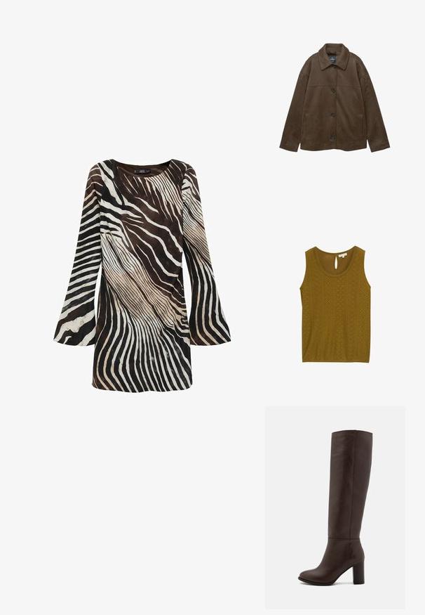 Brun ruskindjakke med krave, knaplukning og sidelommer. Har en glat tekstur og et enkelt, moderne design.; Olivengrøn, ærmeløs top med struktureret mønster, samt udskæringer og en nøglehul-lukning i ryggen. Blødt stof og afslappet pasform.; Langærmet kjole i brun og cremelæder med zebra-stribe mønster. Blødt tekstil, udluftede ærmer og rund halsudskæring.; Brun læderknæhøj støvle med en blokhæl, glat tekstur, rund tå og minimale syninger.; Sort læder skuldertaske med en glat tekstur, buet form og justerbar hank. Har minimal syning og et enkelt design.