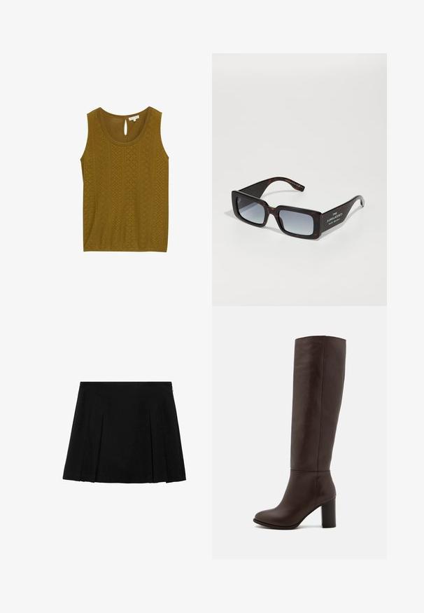 Brun ruskindjakke med krave, knaplukning og sidelommer. Har en glat tekstur og et enkelt, moderne design.; Olivengrøn, ærmeløs top med struktureret mønster, samt udskæringer og en nøglehul-lukning i ryggen. Blødt stof og afslappet pasform.; Sort plisseret mini nederdel i et glat, struktureret stof med en diskret lynlås i siden. Har jævnt fordelte lodrette plisseringer.; Brun læderknæhøj støvle med en blokhæl, glat tekstur, rund tå og minimale syninger.; Skildpaddemønstrede oversize solbriller med grå graduerede linser. Har rektangulært rammedesign og hvidt mærketekst på templerne.; Sort læder skuldertaske med en glat tekstur, buet form og justerbar hank. Har minimal syning og et enkelt design.