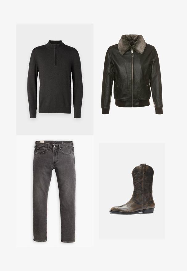 Czarna skórzana kurtka z zamkiem błyskawicznym z przodu i puszystym, szarym futerkiem przy kołnierzu. Posiada dwie boczne kieszenie z klapami na guziki oraz ściągacze na mankietach i u dołu.; Ciemnoszary sweter z golfem i półzamkiem z przodu. Wykonany z miękkiej dzianiny, z prążkowanymi mankietami i dołem.; Biała koszulka z długim rękawem, wykonana z miękkiej bawełny. Okrągły dekolt, proste brzegi, bez widocznych wzorów czy grafik.; Szare dżinsy z prostym krojem, pięcioma kieszeniami i zapięciem na guzik. Posiadają delikatne przetarcia oraz tonalne przeszycia.; Brązowy skórzany kowbojski but z wysoką cholewką, spiczastym noskiem, skomplikowanymi wzorami haftu i małym obcasem. Teksturalne wykończenie na całej powierzchni.