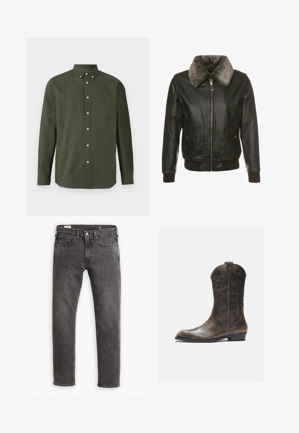 Svart lærjakke med glidelås foran og myk grå pelskrage, med to sidelommer med knappelukking og ribbede mansjetter og kant.; Mørk grønn skjorte med lange ermer, krage, enkelt brystlomme og hvite knappeaksenter; laget av et lett materiale.; Grå denim jeans med rett snitt, fem-lommer design og knappestropp. Har subtil blekning og tonalt stikk overalt.; Brune lær cowboy støvler med høy skaft, spiss tå, intrikate broderimønstre og en liten hæl. Teksturert finish overalt.