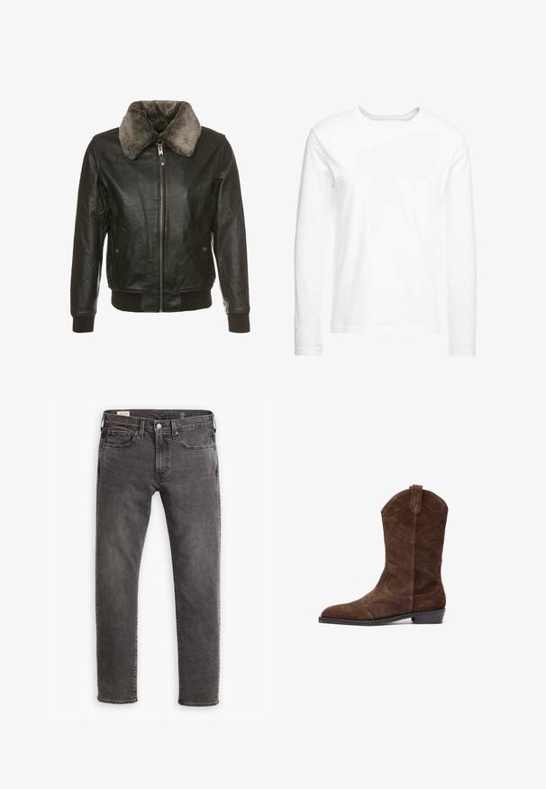 Svart lærjakke med glidelås foran og myk grå pelskrage, med to sidelommer med knappelukking og ribbede mansjetter og kant.; Langermet hvit t-skjorte laget av myk bomull. Rund hals med rette skjæringer og uten synlige mønstre eller grafikker.; Grå denim jeans med rett snitt, fem-lommer design og knappestropp. Har subtil blekning og tonalt stikk overalt.; Brune mockasin cowboy-støvler med spiss tå, preget sømdetaljer og lav stabelhælt. Har sideløkker for enkel påføring.