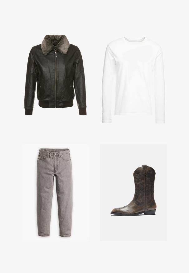 Jaqueta de couro preto com fecho na frente e colarinho de pelúcia cinza, apresentando dois bolsos laterais com abas de botão e punhos e bainha canelados.; T-shirt de mangas longas, branca, feita de algodão suave. Gola redonda com bainhas cortadas a direito e sem padrões ou gráficos visíveis.; Jeans de ganga cinza com cintura alta, design de perna reta, desbotamento subtil, cinco bolsos e fecho em botão metálico.; Bota de cowboy em couro castanho com cano alto, bico apontado, padrões de costura intrincados e um pequeno salto. Acabamento texturizado por toda a parte.