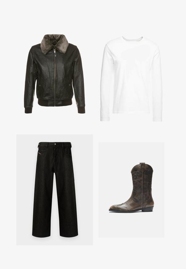 Černá kožená bunda s předním zipem a měkkým šedým kožešinovým límcem, má dvě boční kapsy s klopami na knoflíky a žebrované manžety a lem.; Bílá dlouhá tričko s dlouhým rukávem vyrobené z jemné bavlny. Kulatý výstřih se rovnými lemy a bez viditelných vzorů či grafik.; Černé široké džíny vyrobené z denimu, s rozepínáním na zip, pěti kapsami a decentním logem na přední kapse. Odolná a texturovaná látka.; Hnědé kožené kovbojské boty s vysokým sálem, špičatou špičkou, složitými vyšívanými vzory a malým podpatkem. Texturovaný povrch po celé délce.