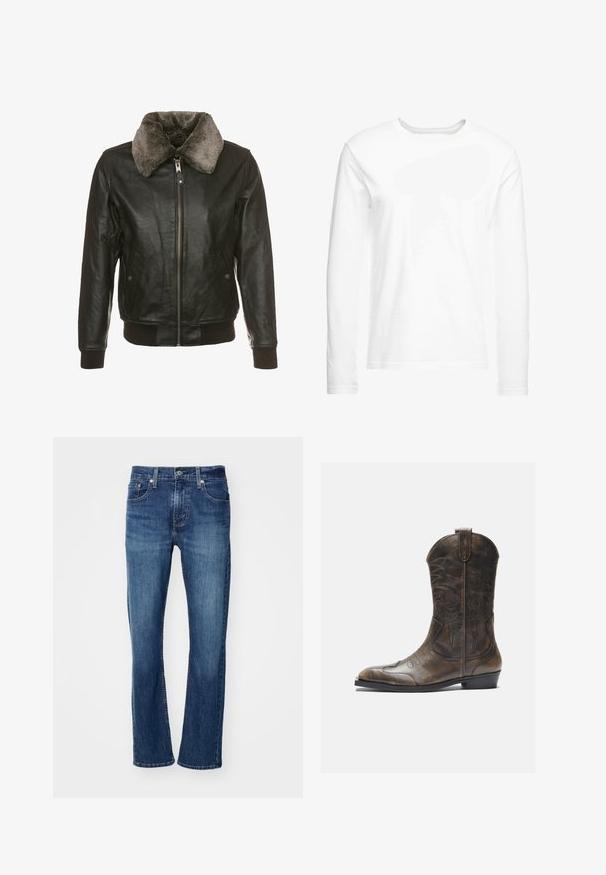 Zwarte leren jas met een ritssluiting aan de voorkant en een pluizige grijze bontkraag, voorzien van twee zijzakken met knoopflappen en geribde manchetten en zoom.; Langsleeve witte t-shirt gemaakt van zachte katoen. Ronde halslijn met rechte zoom en geen zichtbare patronen of graphics.; Levi's® 502™ TAPER - Jeans Tapered Fit - records on; Bruine leren cowboylaars met een hoge schacht, spitse neus, ingewikkelde stikpatronen en een kleine hak. Gevarieerde afwerking overal.