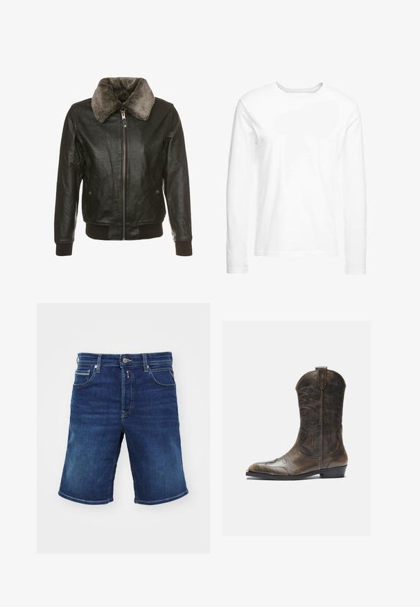 Black leather jacket with a front zipper and plush gray fur collar, featuring two side pockets with button flaps and ribbed cuffs and hem.; Long-sleeve white t-shirt made of soft cotton. Crew neckline with straight cut hems and no visible patterns or graphics.; Denim shorts in dark blue, featuring a button closure, five pockets, and a straight-cut design. Medium-weight fabric with slight fade.; Brown leather cowboy boot with a tall shaft, pointed toe, intricate stitching patterns, and a small heel. Textured finish throughout.