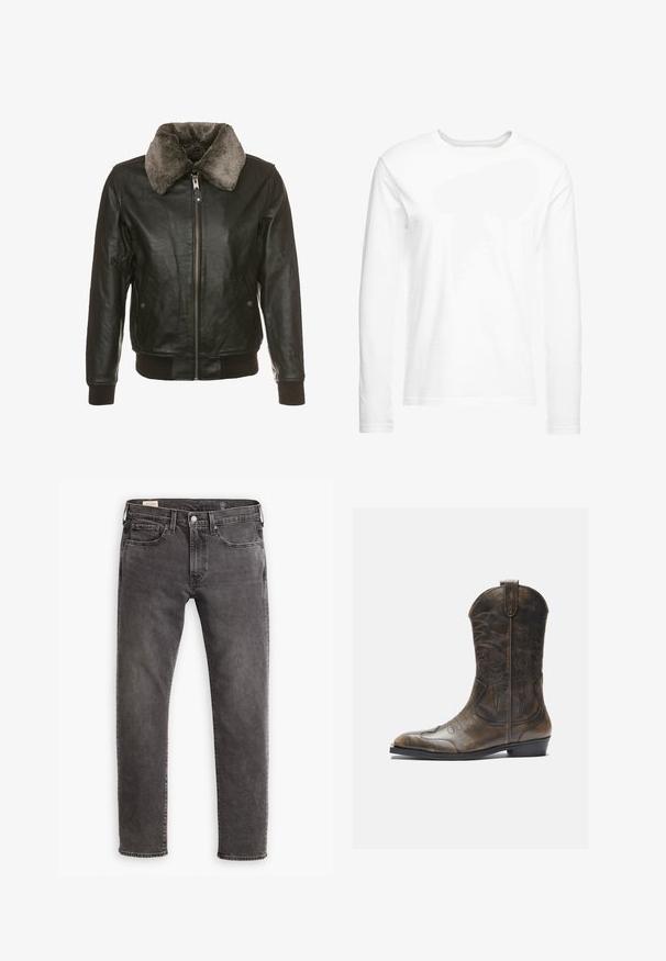 Jaqueta de couro preto com fecho na frente e colarinho de pelúcia cinza, apresentando dois bolsos laterais com abas de botão e punhos e bainha canelados.; T-shirt de mangas longas, branca, feita de algodão suave. Gola redonda com bainhas cortadas a direito e sem padrões ou gráficos visíveis.; Jeans de ganga cinza com corte reto, design de cinco bolsos e fecho de botão. Apresentam desbotamento sutil e costura tonal em toda a peça.; Bota de cowboy em couro castanho com cano alto, bico apontado, padrões de costura intrincados e um pequeno salto. Acabamento texturizado por toda a parte.