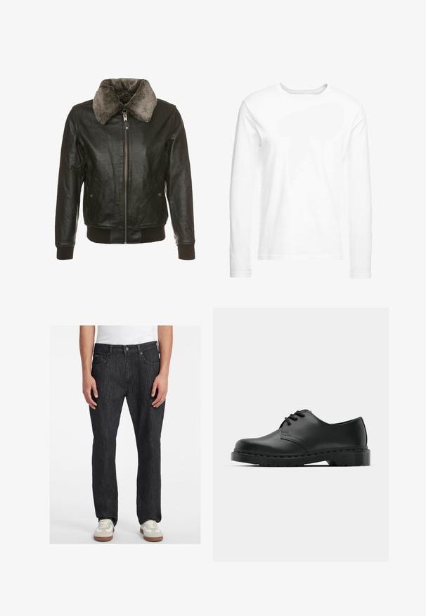 Musta nahkatakki, jossa on etuvetoketju ja pehmeä harmaa turkiskaulus. Takissa on kaksi sivutaskua napilla varustettuna sekä ribbineuloksiset hihan- ja helmaosat.; Pitkähihaista valkoista t-paitaa, joka on valmistettu pehmeästä puuvillasta. Pyöreä kaula-aukko, suorat helmat eikä näkyviä kuvioita tai grafiikoita.; Mustat farkut suoran leikkauksen kanssa, joissa on etunappikiinnitys, viisi taskua ja hienovaraiset ompeluyksityiskohdat. Yhdistettynekengillä.; Musta nahkainen oxford-kengät, joissa on nauhakiinnitys, pyöreä kärki, litteä kumipohja ja hillitty ompelutaito yläosassa.