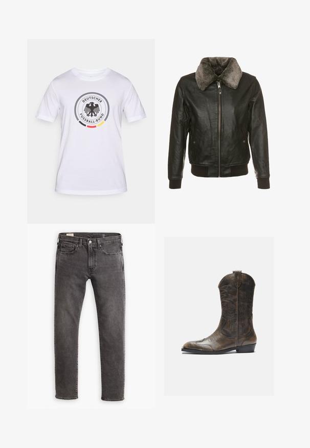 Zwarte leren jas met een ritssluiting aan de voorkant en een pluizige grijze bontkraag, voorzien van twee zijzakken met knoopflappen en geribde manchetten en zoom.; Wit katoenen T-shirt met een cirkelvormig logo met een zwarte adelaar en "Deutscher Fußball-Bund," accentkleuren in geel, rood en zwart.; Grijze denim jeans met een rechte snit, een vijf-pocket ontwerp en een knoopsluiting. Voorzien van subtiele vervaging en tonale stiksels overal.; Bruine leren cowboylaars met een hoge schacht, spitse neus, ingewikkelde stikpatronen en een kleine hak. Gevarieerde afwerking overal.