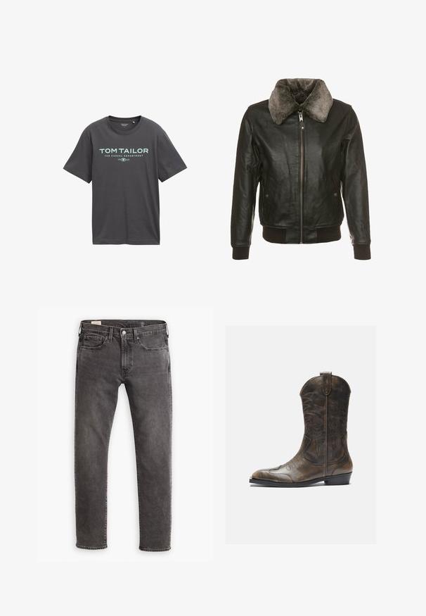 Sort læderjakke med en frontal lynlås og en blød grå pelskrave, med to sidelommer med knapklapper samt ribbede manchetter og kant.; Mørkegrå bomulds t-shirt med korte ærmer, rund halsudskæring og teal trykt tekst, der inkluderer "TOM TAILOR" og "THE CASUAL DEPARTMENT."; Grå denimjeans med lige pasform, fem-lomme design og knaplukning. Har subtil falmning og tonalt syning over hele. ; Brune læder cowboystøvle med en høj skaft, spids tå, intrikate syning mønstre og en lille hæl. Struktureret finish hele vejen igennem.