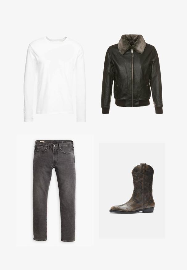 Crna kožna jakna s prednjim zatvaračem i plišanim sivim kragnom, koja ima dva bočna džepa s preklopima na dugmad i rebraste manžete i donji rub.; Dugi rukav bijela majica napravljena od mekog pamuka. Okrenuti dekolte s ravnim rubovima i bez vidljivih uzoraka ili grafike.; Sive traperice ravnog kroja, s pet džepova i kopčanjem na dugme. Imaju suptilno izbjeljivanje i tonirane šave kroz cijelu dužinu.; Smeđe kožne kaubojske čizme s visokim okovratnikom, šiljatim prstom, složenim uzorcima šavova i malim potpeticom. Teksturalna obrada cijelom površinom.