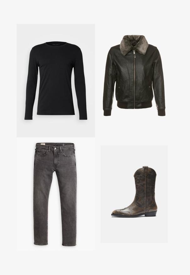 Zwarte leren jas met een ritssluiting aan de voorkant en een pluizige grijze bontkraag, voorzien van twee zijzakken met knoopflappen en geribde manchetten en zoom.; Zwart langarm t-shirt van een zachte stof. Heeft een ronde halslijn en een getailleerde pasvorm zonder zichtbare graphics of versieringen.; Grijze denim jeans met een rechte snit, een vijf-pocket ontwerp en een knoopsluiting. Voorzien van subtiele vervaging en tonale stiksels overal.; Bruine leren cowboylaars met een hoge schacht, spitse neus, ingewikkelde stikpatronen en een kleine hak. Gevarieerde afwerking overal.