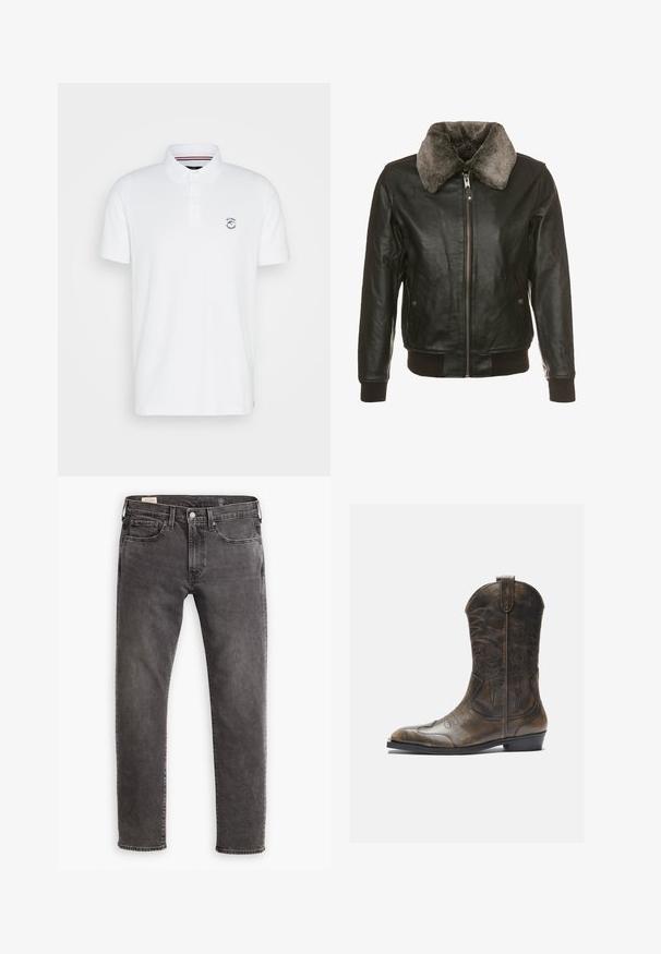 Chaqueta de cuero negro con cremallera frontal y un suave cuello de piel gris, que cuenta con dos bolsillos laterales con solapas de botón y puños y dobladillo acanalados.; Camisa polo blanca de algodón, con cuello, mangas cortas y un pequeño emblema en el pecho. Diseño sencillo, sin patrones ni acentos.; Jeans de mezclilla gris con corte recto, diseño de cinco bolsillos y cierre de botón. Presenta un ligero desgaste y costuras tonal a lo largo.; Bota de cowboy de cuero marrón con un caña alta, puntera puntiaguda, patrones de costura intrincados y un tacón pequeño. Acabado texturizado en toda la bota.