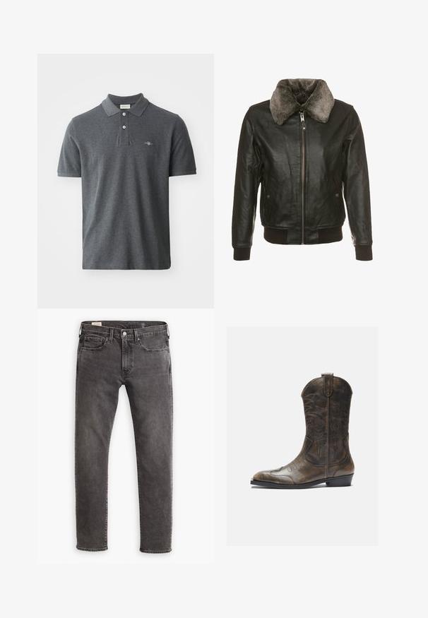 Czarna skórzana kurtka z zamkiem błyskawicznym z przodu i puszystym, szarym futerkiem przy kołnierzu. Posiada dwie boczne kieszenie z klapami na guziki oraz ściągacze na mankietach i u dołu.; Czarna szara koszulka polo wykonana z bawełny. Posiada klasyczny kołnierzyk, zapięcie na trzy guziki, krótkie rękawy oraz małe haftowane logo na klatce piersiowej.; Szare dżinsy z prostym krojem, pięcioma kieszeniami i zapięciem na guzik. Posiadają delikatne przetarcia oraz tonalne przeszycia.; Brązowy skórzany kowbojski but z wysoką cholewką, spiczastym noskiem, skomplikowanymi wzorami haftu i małym obcasem. Teksturalne wykończenie na całej powierzchni.