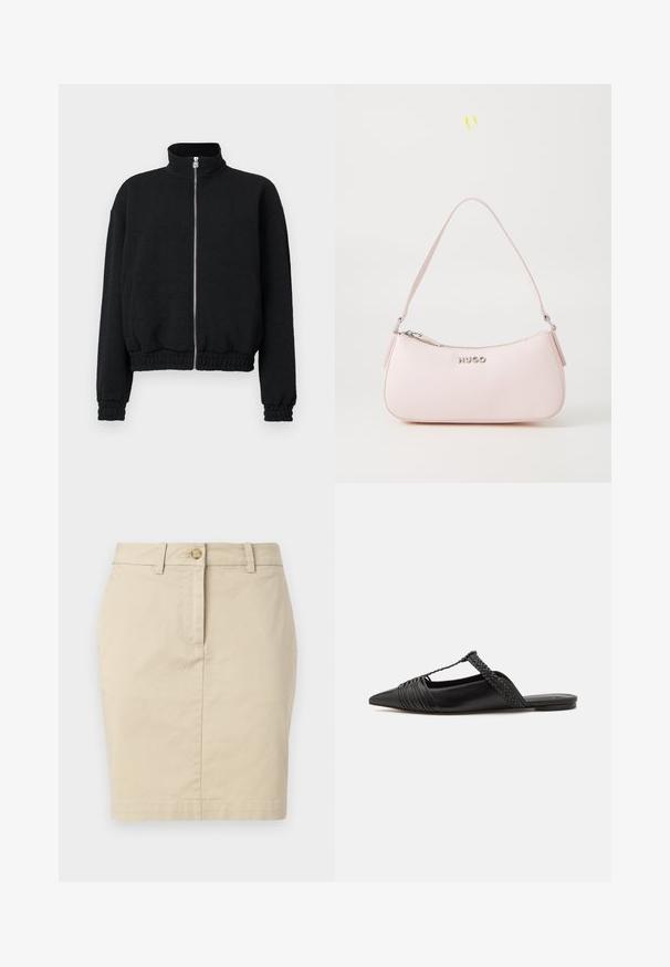 Must värviline tõmblukuga jakk kõrge kaelusega, tekstuuriga kangas, elastseteمانšettide ja servaga, millel on hõbedane tõmblukk logodetailidega.; Valge pika käisega krae särg, mis on valmistatud puuvillast. Omab nööbipaneeli esiosa ja ühte rinna taskut. Sujuv tekstuur, vabalt lõigatud.; Beez värvi puuvillane seelik sirge lõikega, ees nupuga kinnitamine ja vöörihmadega. Sile tekstuur ja põlvepikkune disain. Lihtne ja klassikaline stiil.; Must kuulsad nahast kandadega kingad, millel on terav nina, koos kootud detaili ja volditud ülaosaga. Lame tald minimaalse riistvaraga.; Roosa nahast käekott, millel on kaarjas disain, lukuga sulgemine ja õlavarre rihm. Esiküljel on hõbedane logo.