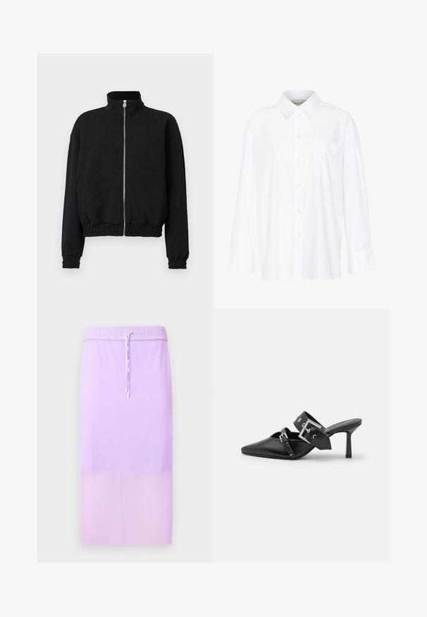 Melnā zipa jakā ar augstu apkakli, teksturētu audumu, elastīgām piedurknēm un apakšmalu, ar sudraba zīmuļu stiliem, kas rotāti ar logotipa detalizāciju.; Baltais garo piedurkņu krekls ar apkakli, izgatavots no kokvilnas. Aprīkots ar pogu aizdari priekšā un vienu krūšu kabatu. Gluda tekstūra, brīvs piegriezums.; Lillā ribota midi svārku ar elastīgu jostu un regulējamu auklu. Gluda tekstūra, taisna silueta un vienota krāsa.; Melnas augstpapēžu mūles ar norādītu purngalu, izgatavotas no gludas ādas. Iekļauj plašu potītes siksnu ar kvadrātveida sudraba sprādzi un kniedēm.