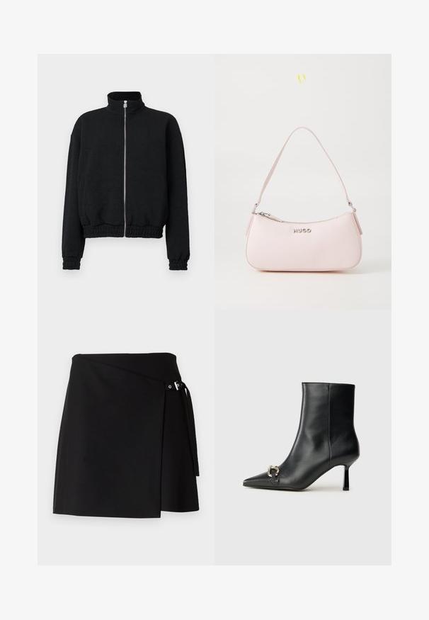 Must värviline tõmblukuga jakk kõrge kaelusega, tekstuuriga kangas, elastseteمانšettide ja servaga, millel on hõbedane tõmblukk logodetailidega.; Valge pika käisega krae särg, mis on valmistatud puuvillast. Omab nööbipaneeli esiosa ja ühte rinna taskut. Sujuv tekstuur, vabalt lõigatud.; Musternii mustriga mustriga tükk mustriga segu gaja mustriga diafaanig mustriga naajmustriga ja jõudmust muka mustriga kändmust. Muudab mustriga põhja ja puhtad read.; Must mustanvärvi nahast pahklinetopp, millel on terav nina, peen keskmise kõrgusega konts ja hõbedane keha detail külgedel, taustal lihtne taust.; Roosa nahast käekott, millel on kaarjas disain, lukuga sulgemine ja õlavarre rihm. Esiküljel on hõbedane logo.