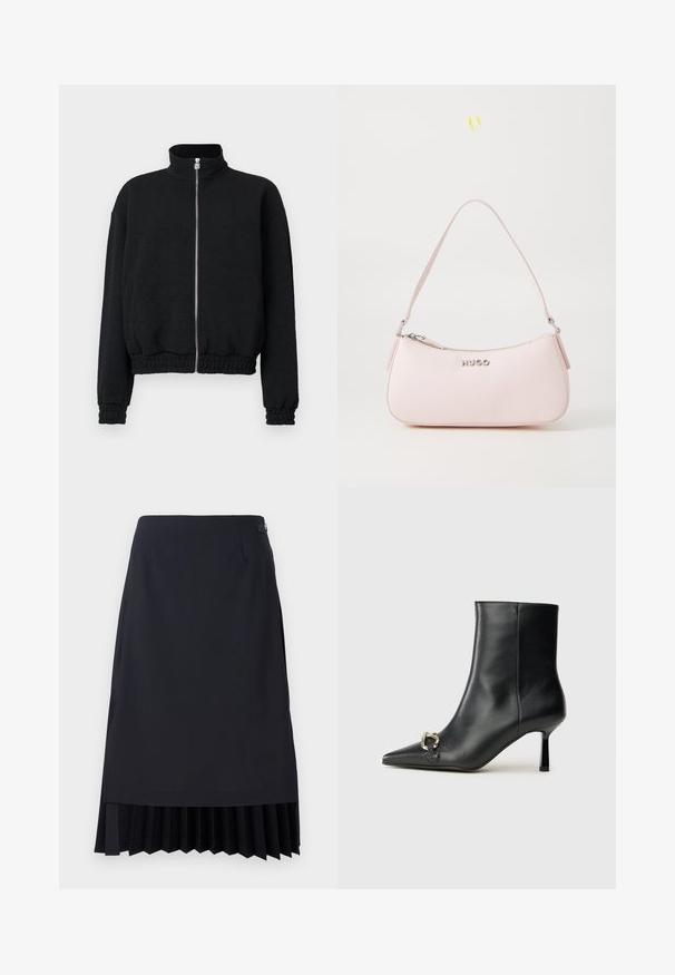 Juodas zip-up džemas su aukštu apykakle, tekstūruota medžiaga, elastinėms rankogaliai ir apatinė dalis, su sidabriniu užtrauktuku su logotipo detalėmis.; Balta ilgomis rankovėmis marškiniai su apykakle, pagaminti iš medvilnės. Su mygtukų užsegimu priekyje ir viena krūtinės kišenė. Lygus paviršius, laisvas siluetas.; Juodas pieštuko sijonas su kloshtu apdaila, pritaikytas siluetas ir lygus tekstūras. Įtrauktas diskretus šoninis užtrauktukas ir minimalistiniai akcentai.; Juodas odinis apavas iki kulkšnies su smailiu nosiu, plonu vidutinio aukščio kulnu ir sidabriniu sagties akcentu šone, prieš paprastą foną.; Rožinės odos rankinės su išlenkta forma, užtrauktuku uždarymu ir petine juosta. Priekyje yra sidabrinis logotipas.