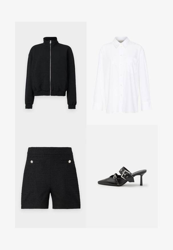 Juodas zip-up džemas su aukštu apykakle, tekstūruota medžiaga, elastinėms rankogaliai ir apatinė dalis, su sidabriniu užtrauktuku su logotipo detalėmis.; Balta ilgomis rankovėmis marškiniai su apykakle, pagaminti iš medvilnės. Su mygtukų užsegimu priekyje ir viena krūtinės kišenė. Lygus paviršius, laisvas siluetas.; Juoda šortai iš tekstūruoto audinio, turintys dvi priekinės kišenes su sidabriniais akcentais ir lygią juosmenį.; Juodos aukštakulnės mule bateliai su smailiu pirštu, pagaminti iš lygaus odos. Turi platų kulkšnies dirželį su kvadratiniu sidabro sagtimi ir skulptūromis.