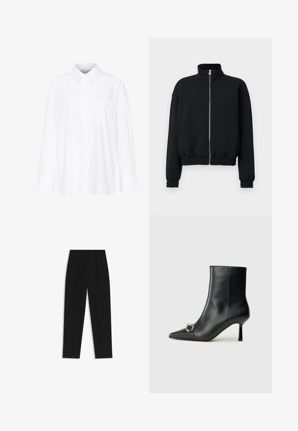 Black zip-up jacket with a high collar, textured fabric, elastic cuffs and hem, featuring a silver zipper with logo detailing.; White long-sleeve collared shirt made of cotton. Features a button-down front and a single chest pocket. Smooth texture, relaxed fit.; Black trousers with a straight fit, featuring double pleats, a smooth texture, and a classic waistband design. No visible hardware or accents.; Black leather ankle boot with pointed toe, slim mid-height heel, and silver buckle detail on side against plain background.