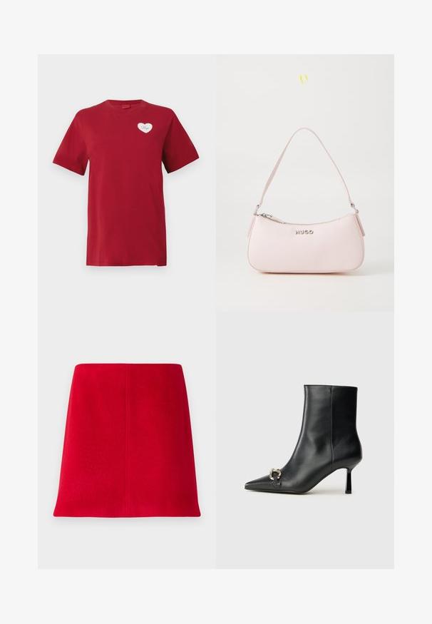 Sort zip-up jakke med høj krave, tekstureret stof, elastiske manchetter og kant, med en sølvfarvet lynlås med logo-detaljer.; Rød kortærmet T-shirt med et lille hvidt hjerte-patch på venstre bryst, der viser ordet "Hugo."; Rød mini nederdel lavet af struktureret stof med lige snit. Designet har en sømløs front og rene linjer uden udsmykninger.; Sort læder ankelstøvle med spidse tæer, slank hæl i mellemhøjde og sølvspænde detaljer på siden mod en ensfarvet baggrund.; Rosa læderhåndtaske med et buet design, lynlåslukning og skulderrem. Har et sølvlogo foran.