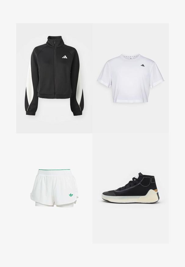 Jaqueta desportiva preta com fecho éclair, detalhes brancos, colarinho alto e punhos ajustados. Feita de tecido liso com um logótipo no lado superior esquerdo.; T-shirt branca corta feita de tecido suave, com mangas curtas e decote redondo. Logotipo preto no lado esquerdo do peito.; Calções de desporto brancos com um design em camadas, cintura elástica, detalhes em verde e um pequeno logótipo verde no lado inferior esquerdo.; adidas by Stella McCartney ASMC TREINO MID - Sapatilha de treino - core black/cloud white/offwhite