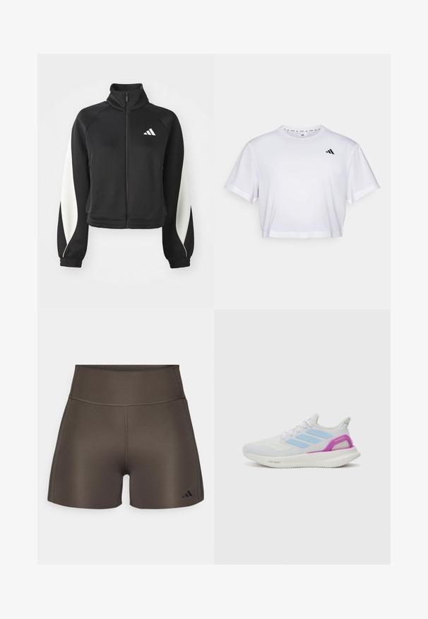 Sort atletisk zip-jakke med hvide detaljer, høj krave og tætsiddende manchetter. Fremstillet af glat stof med et logo øverst til venstre.; Hvid crop top lavet af blødt stof, med korte ærmer og rund halsudskæring. Sort logo på venstre bryst.; adidas Performance OPTIME RAW CUT HEM - Tights - shadow olive; adidas Performance PUREBOOST 5 - Løbesko til landevejen - white/glow blue/purple burst