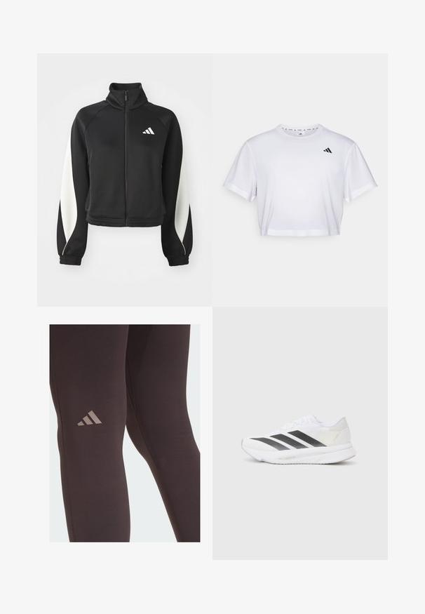 Juoda sportinė zip-up striukė su baltais akcentais, aukšta apykakle ir prigludusiais rankogaliais. Pagaminta iš lygaus audinio, su logotipu viršutiniame kairiajame kampe.; Balta trumpa marškinėliai, pagaminti iš švelnios medžiagos, su trumpomis rankovėmis ir apvaliu iškirpimu. Juodas logotipas kairėje krūtinės pusėje.; Juodi sportiniai legginai su lygiu paviršiumi, su subtiliu rudu Adidas logotipu ant šlaunies ir sustiprintais siūlės detalėmis.; Baltos sportinės bateliai su juodomis įstrižainėmis, tinklinė viršutinė dalis, apvalus pirštas ir tekstūruotas padas. Priedai apima sidabrinį kulną ir minimalistinį dizainą.