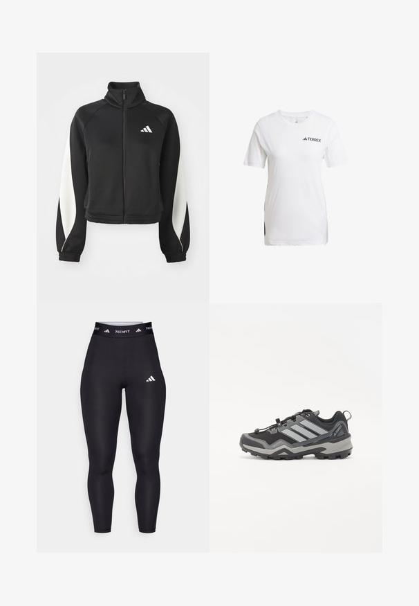Črna športna zip-jacket s belimi detajli, visokim ovratnikom in prilegajočimi manšetami. Izdelana je iz gladkega materiala z logotipom na zgornji levi strani.; Bela športna majica s kratkimi rokavi, z mrežastimi stranskimi paneli in črnim logotipom "TERREX" spredaj. Gladka tekstura, običajen fit.; Črne legice BlackTechfit z visokim pasom, gladkim materialom, ki vsebujejo belo Adidasovo logo in znamko ob pasu.; Črne in sive pohodniške čevlje z teksturirano površino, gumijastim podplatom in tremi izrazitimi sivimi črtami ob strani; imajo sistem hitrega vezanja.