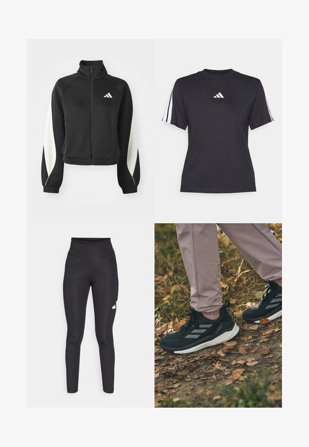 Svart sporty zip-up jakke med hvite aksenter, høy krage og tettsittende mansjetter. Laget av glatt stoff med en logo på øvre venstre side.; Svart treningstrøye laget av myk stoff, med rund hals, korte ermer og tre hvite striper på hver skulder. Hvit logo på brystet.; Sorte høye leggings laget av glatt, elastisk stoff, med en hvit logo på venstre side. Tett design uten mønstre.; Sorte sportsko med lysegrå striper, med en teksturert overdeler, hvit dempende såle, brukt med lyse rosa bukser, på en bladdekket bakke.
