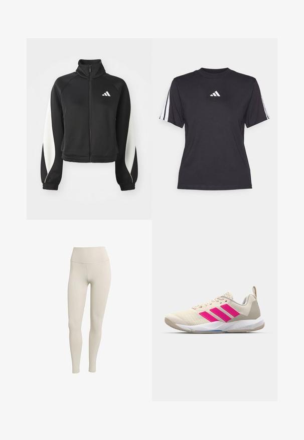 Black athletic zip-up jacket with white accents, high collar, and fitted cuffs. Made of smooth fabric with a logo on the upper left side.; Black athletic t-shirt made of soft fabric, featuring a crew neckline, short sleeves, and three white stripes on each shoulder. White logo on chest.; Beige leggings made of stretchy fabric with a high waistband. Smooth texture, form-fitting design, no visible patterns or hardware.; Beige athletic shoe with pink three-stripe logo, textured mesh upper, padded collar, and white rubber sole, featuring "LIGHTSTRIKE" branding.