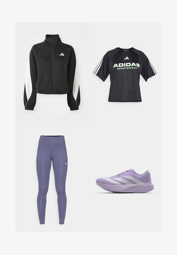 Svart sporty zip-up jakke med hvite aksenter, høy krage og tettsittende mansjetter. Laget av glatt stoff med en logo på øvre venstre side.; Svart treningstrøye med et teksturert mønster, med en grønn "ADIDAS SPORTSWEAR" logo, og tre hvite striper på hver erme.; Lilla høyhalsede tights laget av elastisk materiale; har en sidelomme og en liten logo på den nedre delen av benet. Jevn tekstur gjennom hele.; Lyse lilla løpesko med mesh-overdel, hvit tre-stripes design, teksturert finish, og en tykk skummellomsåle merket "LIGHTSTRIKE PRO."