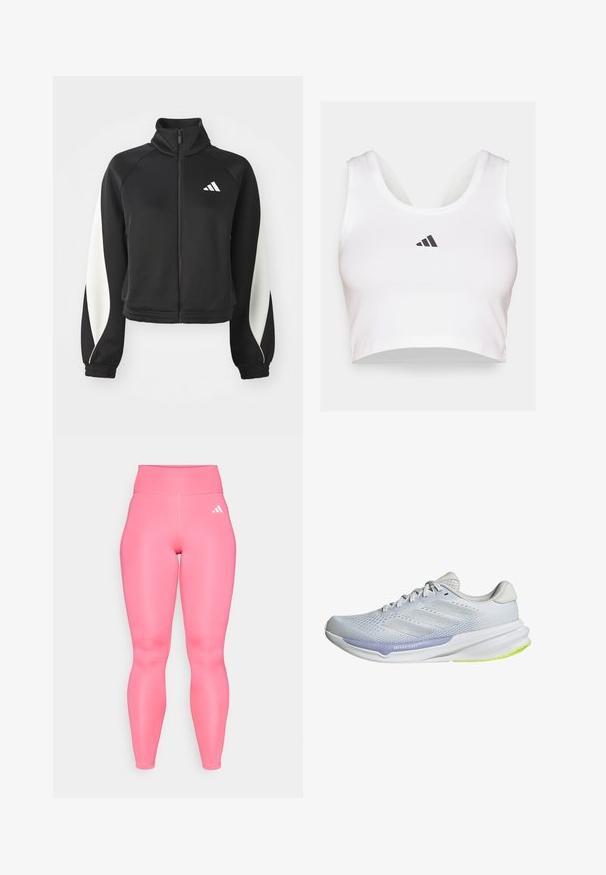 Zwarte sportieve zip-up jack met witte accenten, hoge kraag en aansluitende mouwen. Gemaakt van soepele stof met een logo op de bovenste linkerzijde.; Witte crop top van zacht materiaal, met een ronde halslijn en een zwart Adidas-logo op de voorkant. Soepele textuur, mouwloos ontwerp.; Roze high-waisted leggins met een gladde, glanzende textuur. Heeft een drie-strepen merknaam in het wit aan de linkerkant. Elastische tailleband.; Witte sportschoen met een ademende mesh bovenkant, een gemêleerd ontwerp en lavendelkleurige accenten. Heeft een gevoerde zool met groene details op de buitenzool.