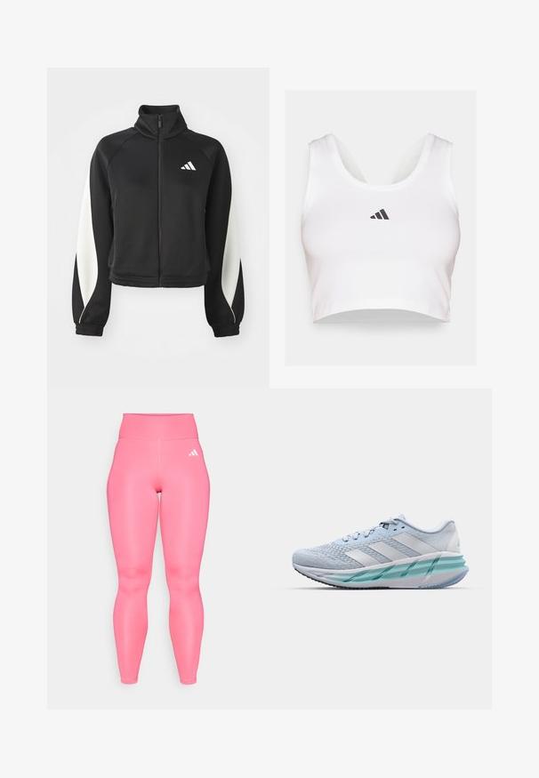 Schwarze sportliche Zip-Jacke mit weißen Akzenten, hohem Kragen und enganliegenden Manschetten. Hergestellt aus glattem Material mit einem Logo auf der oberen linken Seite.; Weißes Crop-Top aus weichem Stoff, mit rundem Ausschnitt und schwarzem Adidas-Logo auf der Vorderseite. Glatte Textur, ärmelloses Design.; Rosa High-Waist-Leggings mit glattem, glänzendem Material. Verfügt über das Drei-Streifen-Branding in Weiß auf der linken Seite. Elastischer Bund.; Helle blaue Sportschuhe mit einem strukturierten Strickobermaterial, weißen Akzenten und einer transparenten grünen Zwischensohle. Abgerundete Zehenpartie und gepolsterter Schaft.