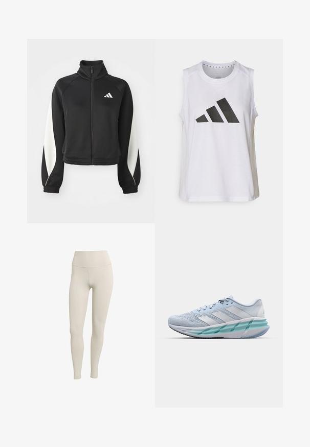 Černá sportovní bunda na zip s bílými detaily, vysokým límcem a úzkými manžetami. Vyrobena z hladkého materiálu s logem na levé horní straně.; Bílý sportovní top bez rukávů s kulatým výstřihem, na přední straně s velkým černým logem Adidas složeným ze tří pruhů.; Krémové legíny vyrobené z elastického materiálu s vysokým pasem. Hladký povrch, přiléhavý design, bez viditelných vzorů nebo kovových prvků.; Světlomodré sportovní boty s texturovaným pleteným svrškem, bílými akcenty a průhledným zeleným mezipodešví. Oválná špička a polstrovaný límec.