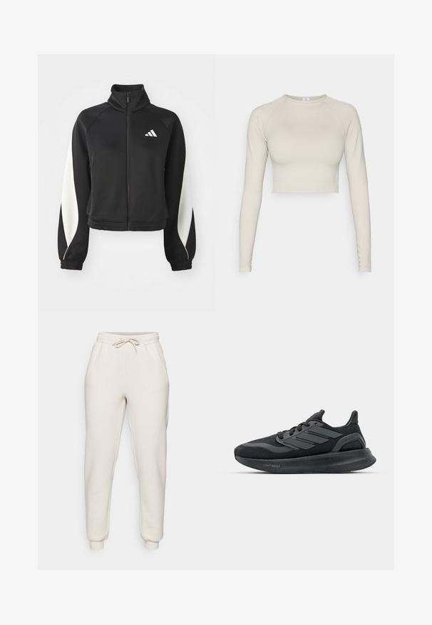 Svart sporty zip-up jakke med hvite aksenter, høy krage og tettsittende mansjetter. Laget av glatt stoff med en logo på øvre venstre side.; Lys beige, langermet kort topp laget av elastisk stoff. Har rund hals og ribbede ermelinninger. Glatt tekstur.; Lys beige joggebukser laget av myk stoff, med elastisk linning med snor, sidelommer og tapered mansjetter ved anklene.; Svarte sportsko med mesh-overdel, teksturerte paneler, tre striper detaljer og en buet såle merket "LIGHT BOOST."