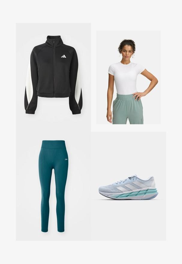 Giacca da atletica nera con zip e accenti bianchi, colletto alto e polsini aderenti. Realizzata in tessuto liscio con un logo sul lato sinistro superiore.; T-shirt bianca aderente con maniche corte, abbinata a pantaloni con elastico in vita di colore verde chiaro. Texture liscia, design minimalista e nessun motivo visibile.; Leggings teal a vita alta realizzati in tessuto elastico, con una texture liscia e sottili accenti in rete sulla parte bassa della gamba. Logo sulla vita.; Scarpe da ginnastica azzurro chiaro con tomaia in maglia testurizzata, accenti bianchi e suola intermedia verde trasparente. Punta rotonda e colletto imbottito.
