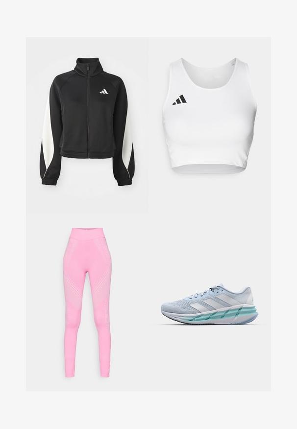Svart sporty zip-up jakke med hvite aksenter, høy krage og tettsittende mansjetter. Laget av glatt stoff med en logo på øvre venstre side.; Hvit sportscrop-top laget av glatt stoff, med rund hals og en svart logo-detalj på venstre side.; Rosa treningstights med høy midje, med subtile bølgemønstre og prikkemønstre langs sidene. Myk, elastisk stoff.; Lys blå sportsko med en teksturert strikkoverdel, hvite detaljer og en transparent grønn mellomsåle. Rund tå og polstret krage.